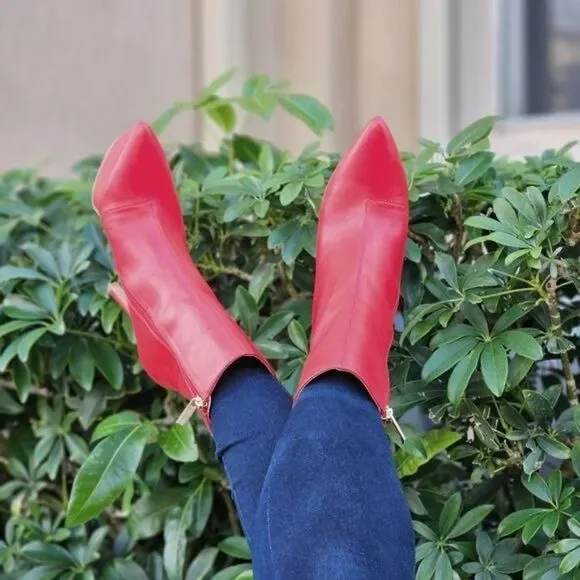 Red Pointy Toe Heel Boots for Women Side Zipper Pull On Style - Picture 5 of 6